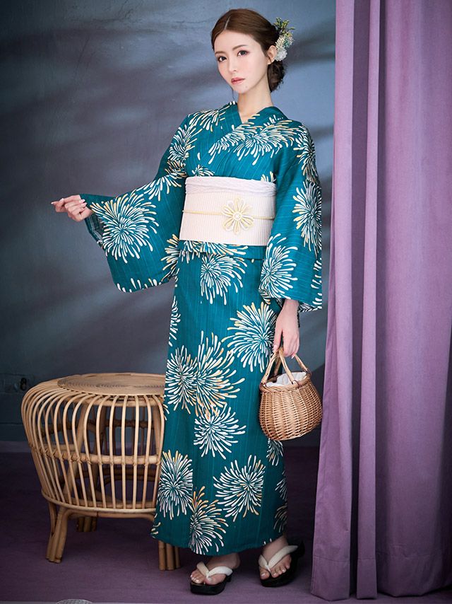 [浴衣 選べる帯]紺色×大輪花火柄 ゆかた3点SET[浴衣+平帯or作り帯+下駄][一条響着用]