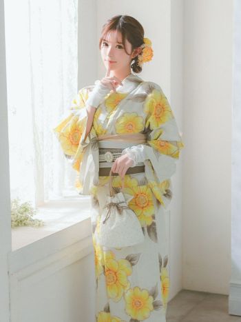 [浴衣 選べる帯]ベージュ×ポピー柄 ゆかた3点SET[浴衣+平帯or作り帯+下駄][橋本梨菜着用]