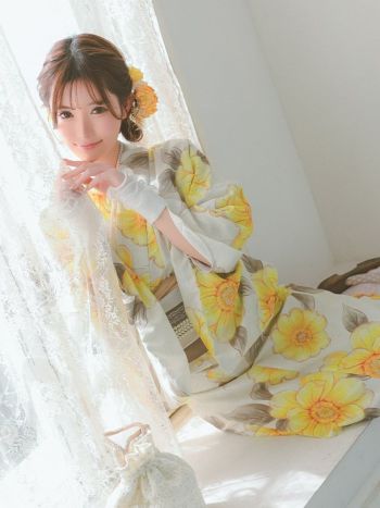 [浴衣 選べる帯]ベージュ×ポピー柄 ゆかた3点SET[浴衣+平帯or作り帯+下駄][橋本梨菜着用]