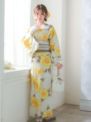 [浴衣 選べる帯]ベージュ×ポピー柄 ゆかた3点SET[浴衣+平帯or作り帯+下駄][橋本梨菜着用]