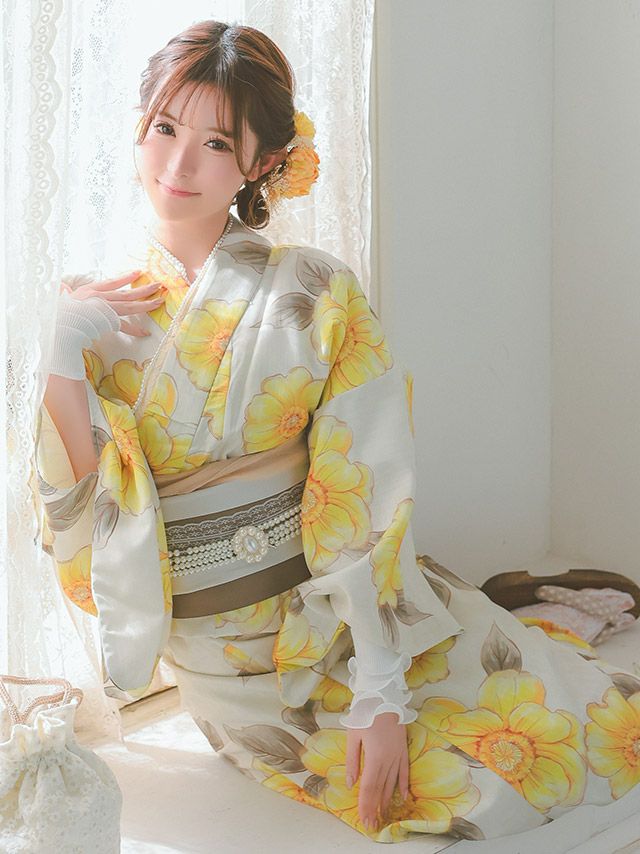 [浴衣 選べる帯]ベージュ×ポピー柄 ゆかた3点SET[浴衣+平帯or作り帯+下駄][橋本梨菜着用]
