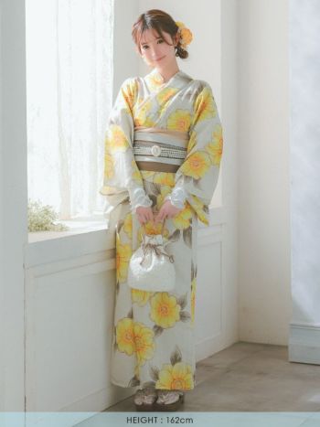 [浴衣 選べる帯]ベージュ×ポピー柄 ゆかた3点SET[浴衣+平帯or作り帯+下駄][橋本梨菜着用]