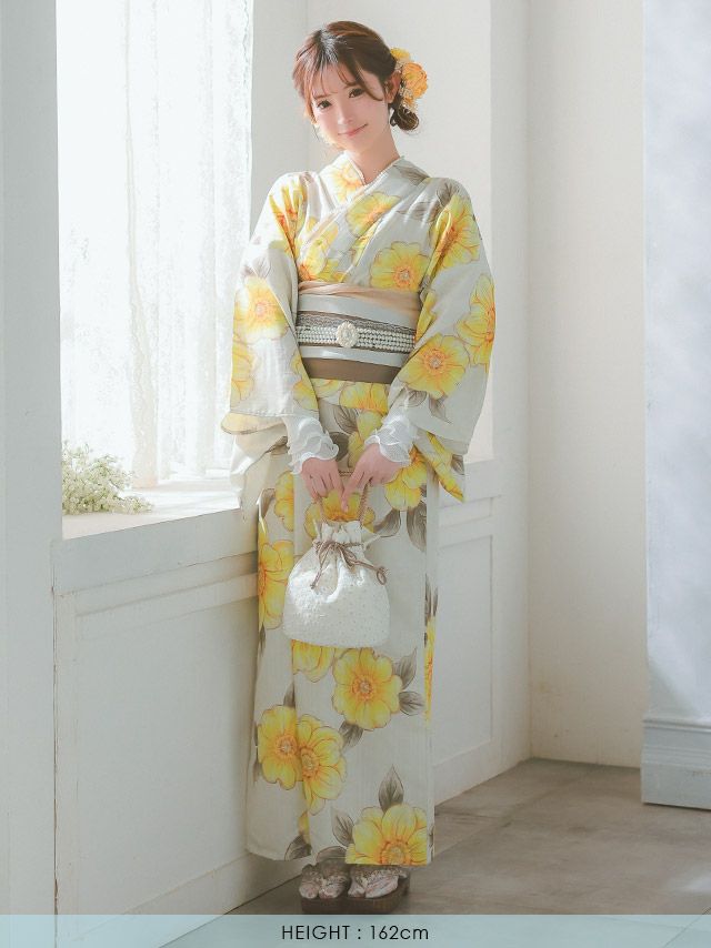 [浴衣 選べる帯]ベージュ×ポピー柄 ゆかた3点SET[浴衣+平帯or作り帯+下駄][橋本梨菜着用]