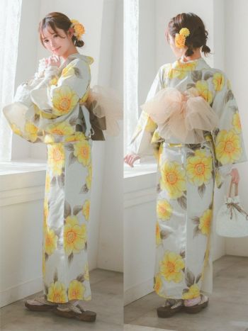 [浴衣 選べる帯]ベージュ×ポピー柄 ゆかた3点SET[浴衣+平帯or作り帯+下駄][橋本梨菜着用]