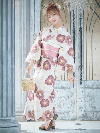 [浴衣 選べる帯]ベージュ×椿柄 ゆかた3点SET[浴衣+平帯or作り帯+下駄][めぐりっぷ着用]