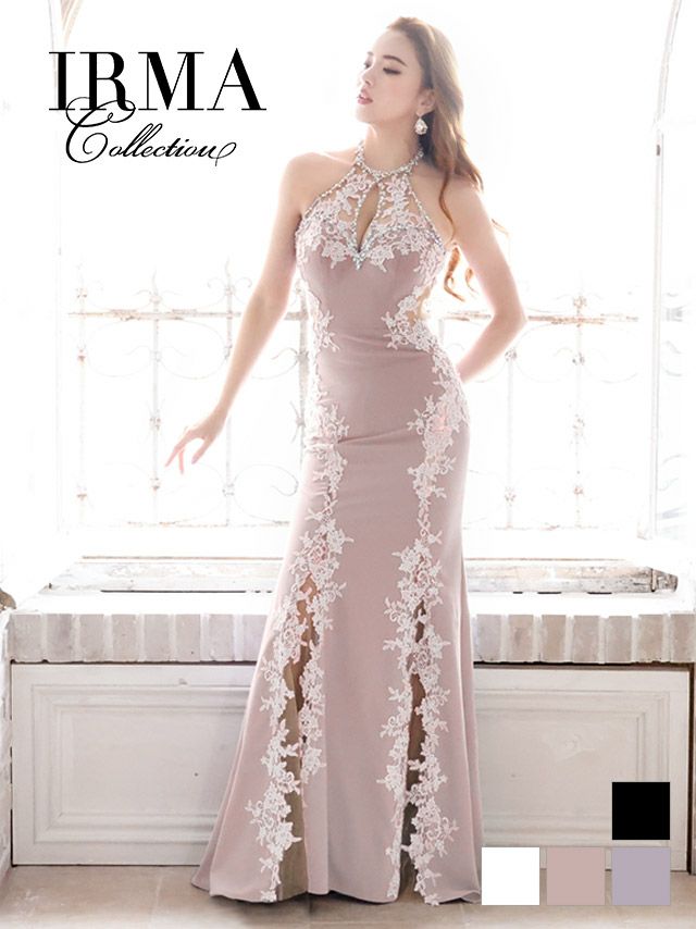 IRMA[イルマ]刺繍 レース サイドシアー ビジュー ホルターネック マーメイド タイト 高級ロングドレス[ダブグレー][カレン/キャバドレス着用][31334]