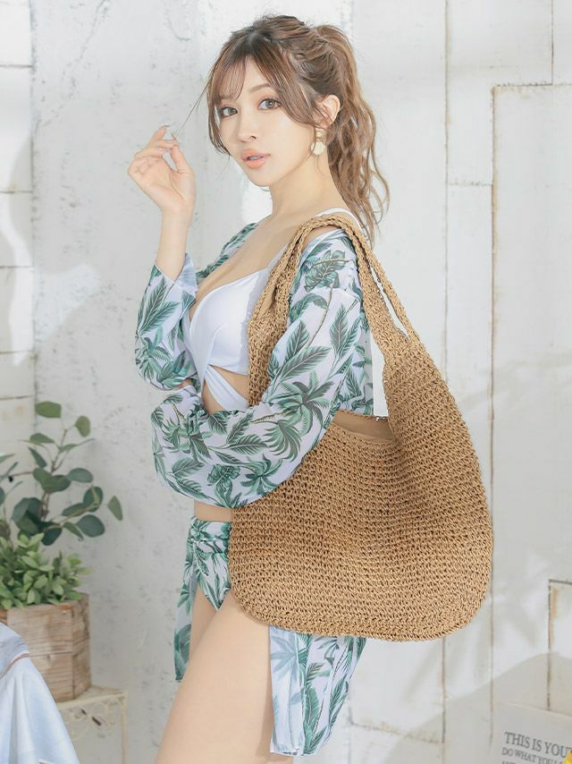水着 ペーパー トート かご バッグ(ブラウン)(M/L)