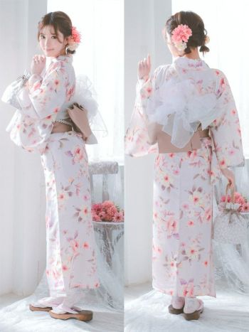 [浴衣 帯が選べる]ピンク色×花柄 ゆかた3点SET[浴衣+平帯or作り帯+下駄][伊藤桃々着用]