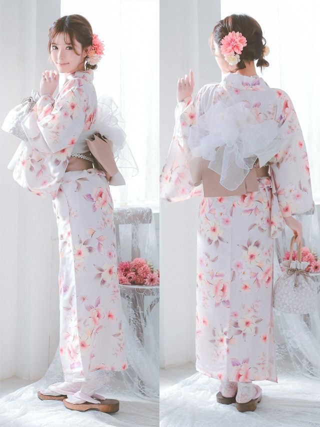 [浴衣 帯が選べる]ピンク色×花柄 ゆかた3点SET[浴衣+平帯or作り帯+下駄][伊藤桃々着用]