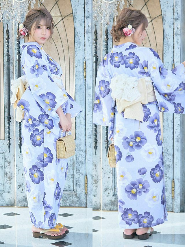 [浴衣 帯が選べる]ブルー地×紫椿柄 ゆかた3点SET[浴衣+平帯or作り帯+下駄][五十嵐美咲着用]
