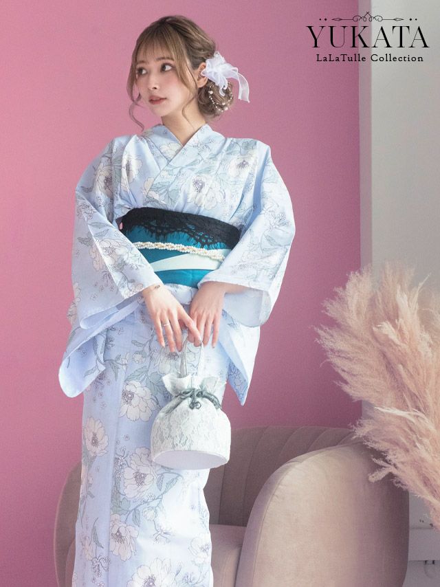 2024 浴衣 LaLaTulle | SALE【浴衣】ブルー×線画花柄ゆかた3点SET  