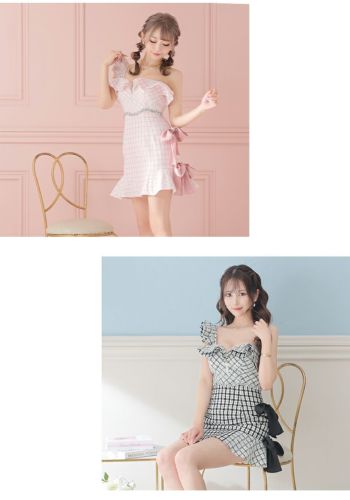 ROBE de FLEURS[ローブドフルール]ツイード フロントジップ チェック サイドリボン ワンショルダー タイト 高級ミニドレス[XSあり][ブラック][りょうか/キャバドレス着用][2914-1]