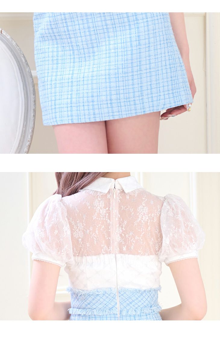 ROBE de FLEURS[ローブドフルール]パフスリーブ 半袖 襟付き シースルー ラメツイード タイト 高級ミニドレス[XS/Lあり][ピンク][ナちゃん/キャバドレス着用][2753-0]