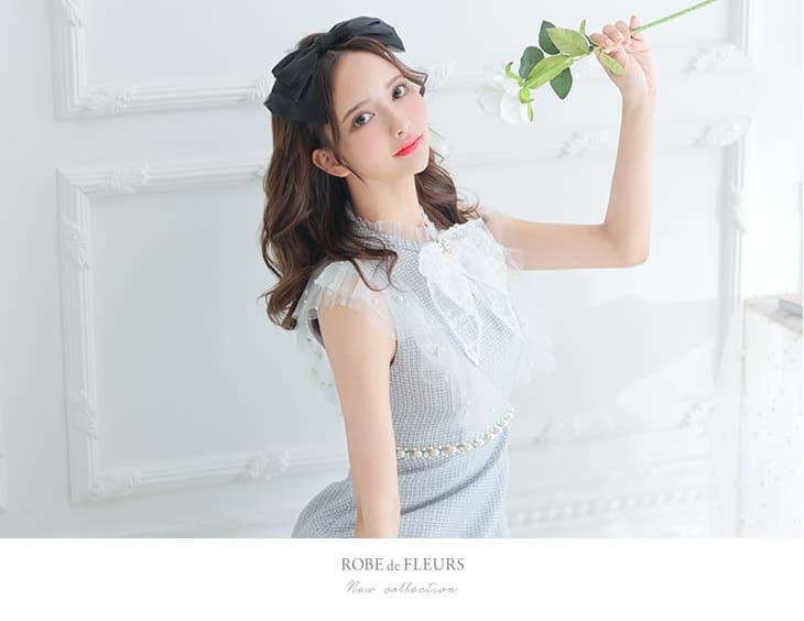 ROBE de FLEURS[ローブドフルール]レース×ビジューサマーツイード フレア 高級ミニドレス[グレー][2761][せりなちゃん / キャバドレス着用]
