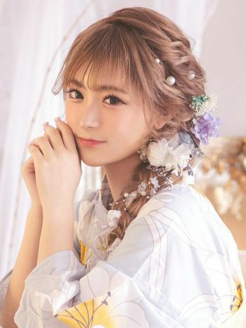 [髪飾り]くすみカラーフラワー×レースリボンヘアアクセサリー 11点セット(ブルー/パープル)