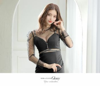 ROBEdeFLEURS Glossy[ローブドフルール グロッシー]チュール スリーブ シアー 袖あり 長袖 ジップ ビジュー ストレッチ タイト 高級ミニドレス[ブルー][XSあり][ゆりお/キャバドレス着用][2660]