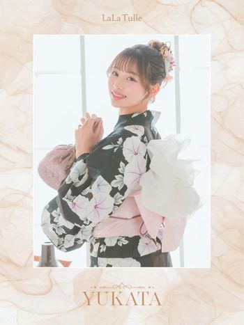 [浴衣 帯が選べる]黒色×朝顔柄 ゆかた3点SET[浴衣+平帯or作り帯+下駄][伊藤桃々着用]