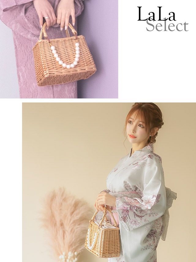 [浴衣バッグ]パールチャーム×水玉スカーフ スクエア ミニ カゴバック