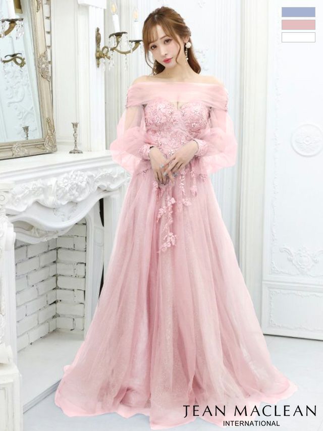 JEANMACLEAN[ジャンマクレーン]ベア オフショル 2way チュール 袖あり 立体フラワー刺繍 ネットレース スピンドル プリンセス ワンカラー フレア 高級ロングドレス[ブルー][真優川咲/キャバドレス着用][31285]