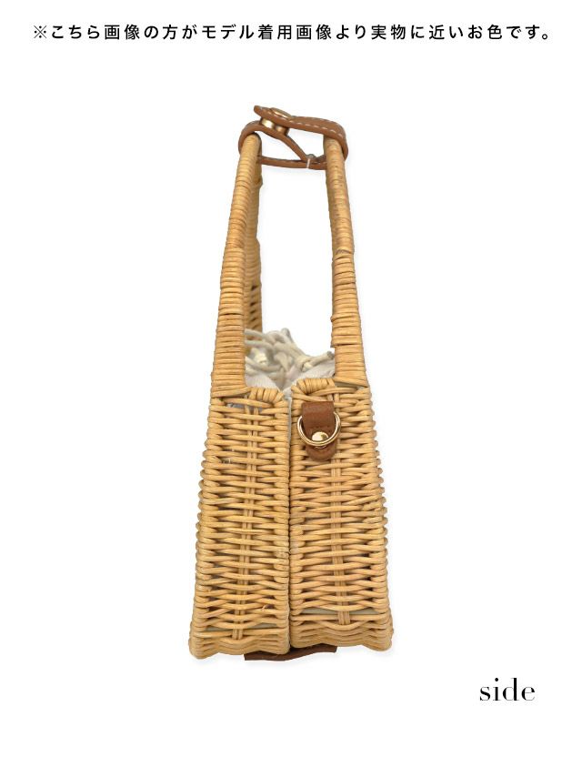 水着小物 2WAY バックル付き ラタンミニかごバッグ(ブラウン/ブラック)
