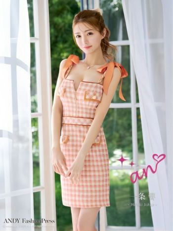an[アン]チェック柄 リボンショルダー タイト 高級ミニドレス[オレンジ][一条響/キャバドレス着用][3471]