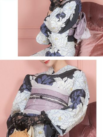 [浴衣 帯が選べる]黒色×牡丹柄 ゆかた3点SET[浴衣+平帯or作り帯+下駄][明日花キララ着用]