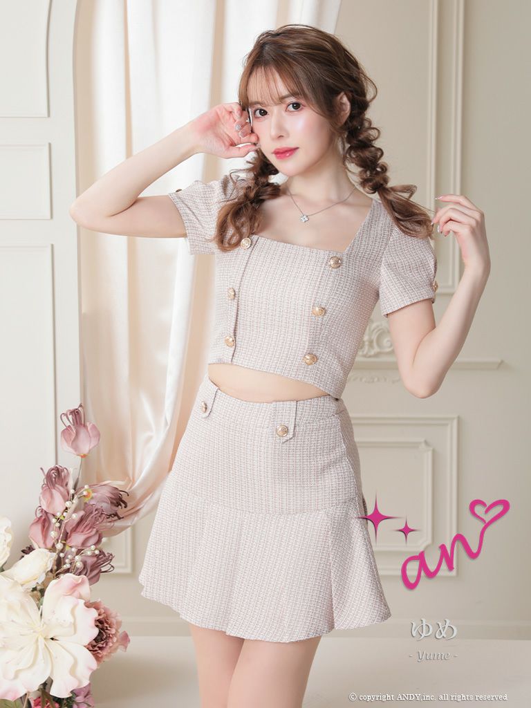 an/アン】ツイード ゴールドボタン プリーツ パフスリーブ  