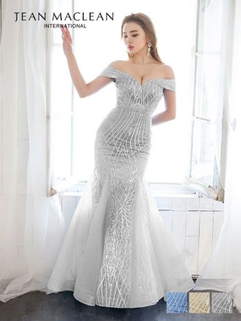 JEANMACLEAN[ジャンマクレーン]オフショル ワンカラー スパンコール ビジュー マーメイド スピンドル タイト 高級ロングドレス[ブルー][Lあり][KAREN/キャバドレス着用][31380]