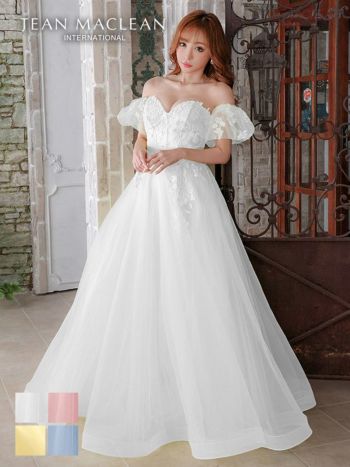 JEANMACLEAN[ジャンマクレーン]立体フラワー 2way ベア パフスリーブ ワンカラー チュール スピンドル プリンセス Aライン フレア 高級ロングドレス[イエロー][Lあり][真優川咲/キャバドレス着用][31362]