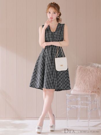 DEA by ROBEdeFLEURS[ディア バイ ローブドフルール]チェック ツイード ノースリーブ Vネック フレア 高級ミディドレス[アイボリー×ブラック][Lあり][るな/キャバドレス着用][2654]