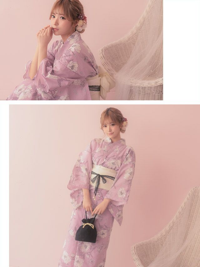 [浴衣 選べる帯]ピンク色×線画花柄 ゆかた3点SET[浴衣+平帯or作り帯+下駄][聖菜着用]