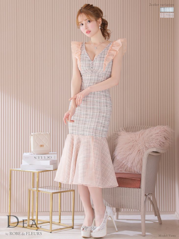 DEA.by ROBE de FLEURS/ディア】マーメイド チェック ツイード肩フリル  