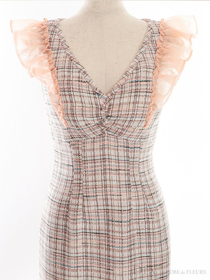 DEA by ROBEdeFLEURS[ディア バイ ローブドフルール]チェックツイード 肩フリル オーガンジー マーメイド タイト 高級ミディドレス[ピンク][Lあり][ゆめ/キャバドレス着用][2919-0]