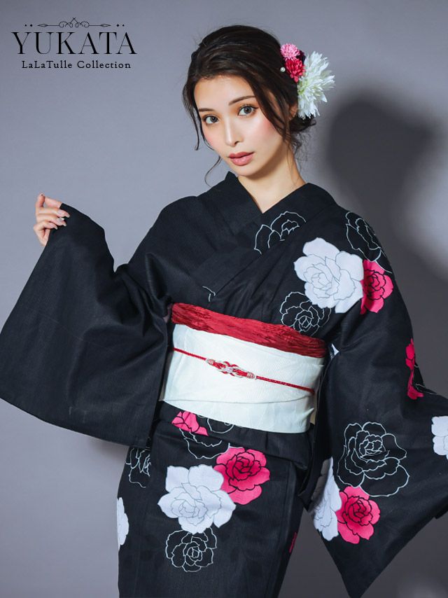 2025 浴衣 LaLaTulle | SALE【浴衣】黒色×片身替わり薔薇柄ゆかた3点 