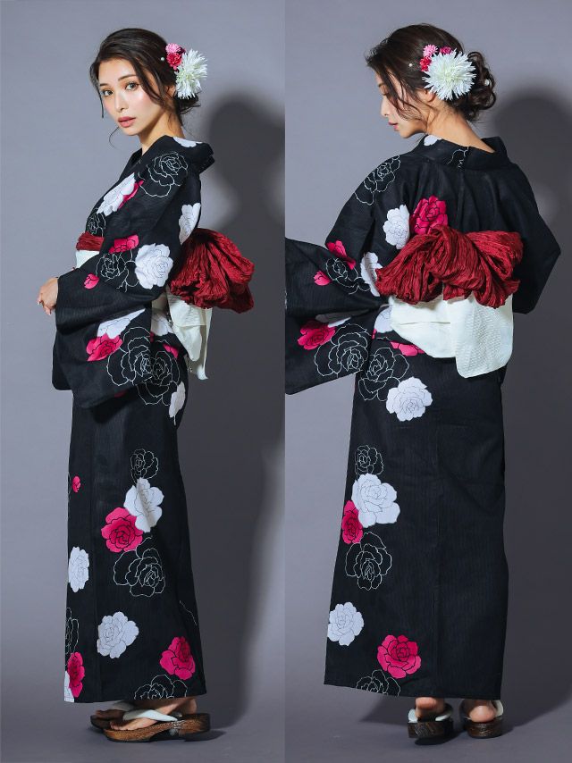 2025 浴衣 LaLaTulle | SALE【浴衣】黒色×片身替わり薔薇柄ゆかた3点 