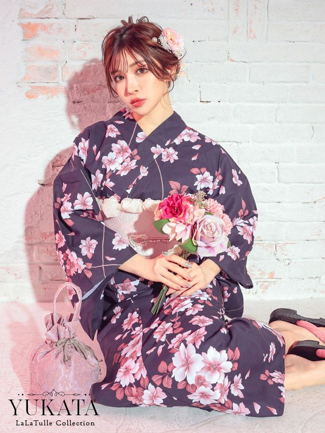 2024 浴衣 LaLaTulle | 【浴衣】紺色×桜柄ゆかた3点SET [浴衣+平帯or  