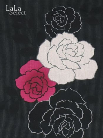 [花魁浴衣]黒色×片身替わり薔薇柄 花魁 ゆかた5点SET[浴衣＋下駄＋平帯＋飾り兵児帯＋肌襦袢][みゆう着用]