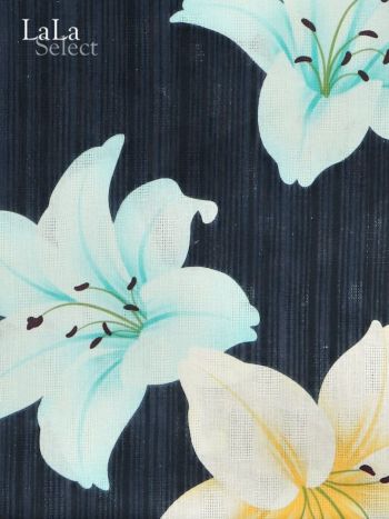 [花魁浴衣]紺色×片身替わり百合柄 花魁 ゆかた5点SET[浴衣＋下駄＋兵児帯＋飾り兵児帯＋肌襦袢][みゆう着用]