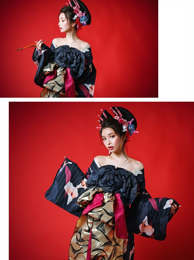 [花魁浴衣]濃紺×縞模様×アヤメ柄 花魁 ゆかた5点SET[浴衣＋下駄＋平帯＋飾り兵児帯＋肌襦袢][みゆう着用]