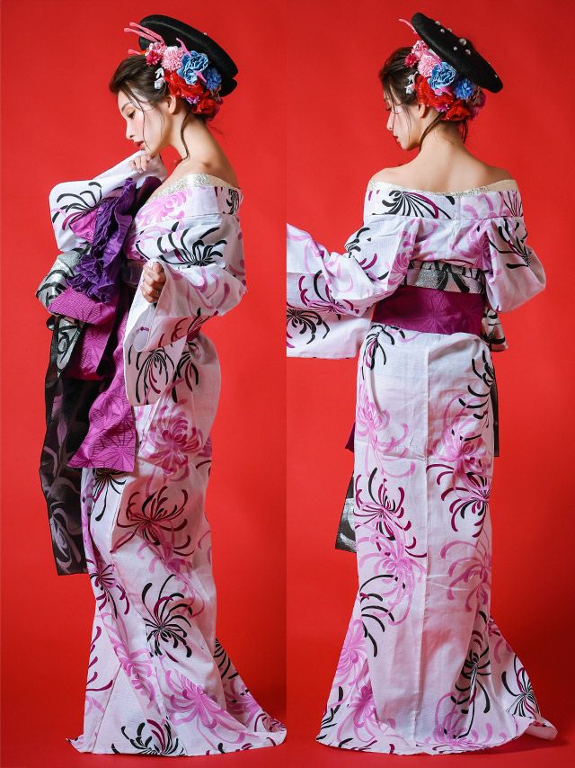 [花魁浴衣]白色×乱菊柄 花魁 ゆかた5点SET[浴衣＋下駄＋平帯＋飾り兵児帯＋肌襦袢][みゆう着用]