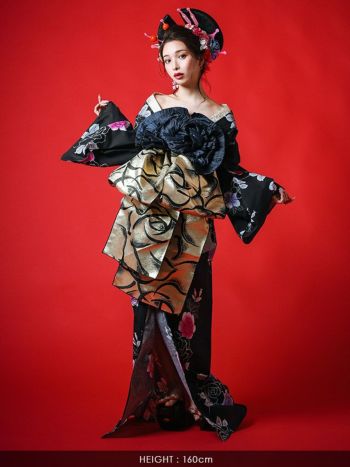 [花魁浴衣]黒色×グラデーション薔薇柄 花魁 ゆかた5点SET[浴衣＋下駄＋平帯＋飾り兵児帯＋肌襦袢][みゆう着用]