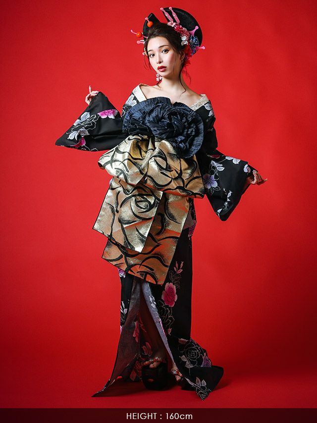 [花魁浴衣]黒色×グラデーション薔薇柄 花魁 ゆかた5点SET[浴衣＋下駄＋平帯＋飾り兵児帯＋肌襦袢][みゆう着用]