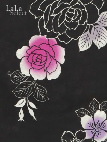 [花魁浴衣]黒色×グラデーション薔薇柄 花魁 ゆかた5点SET[浴衣＋下駄＋平帯＋飾り兵児帯＋肌襦袢][みゆう着用]
