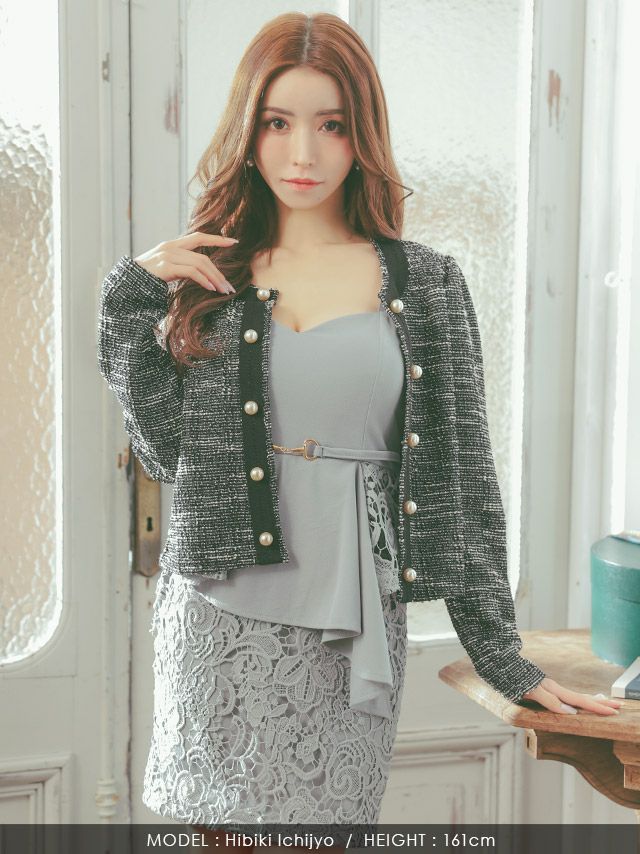 [LaLaTulle select]ノーカラー パール ニット ボレロカーディガン[ブラック][一条響/羽織り着用]