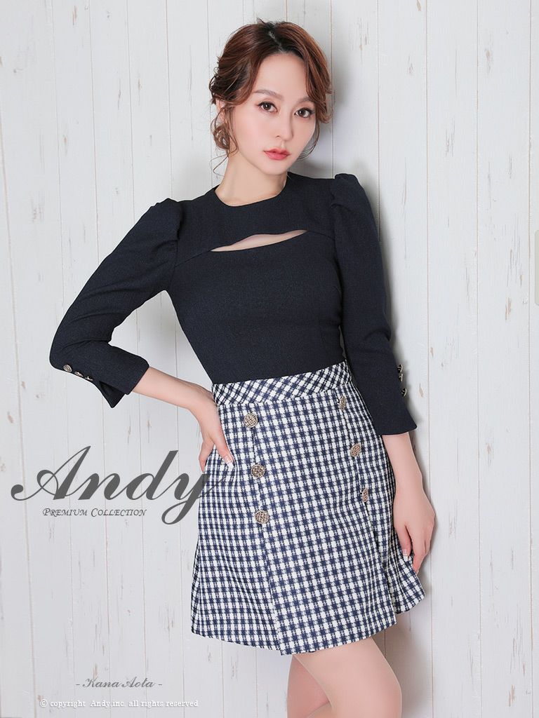 Andy/アンディ】カットアウト ツイード切替ボックス プリーツ 袖あり  