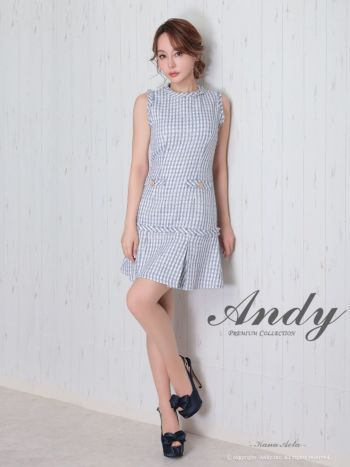 Andy [アンディ]チェックツイード ノースリーブ ボックスプリーツ Aライン フレア 高級ミニドレス[ブルー][青田夏奈/キャバドレス着用][2738]