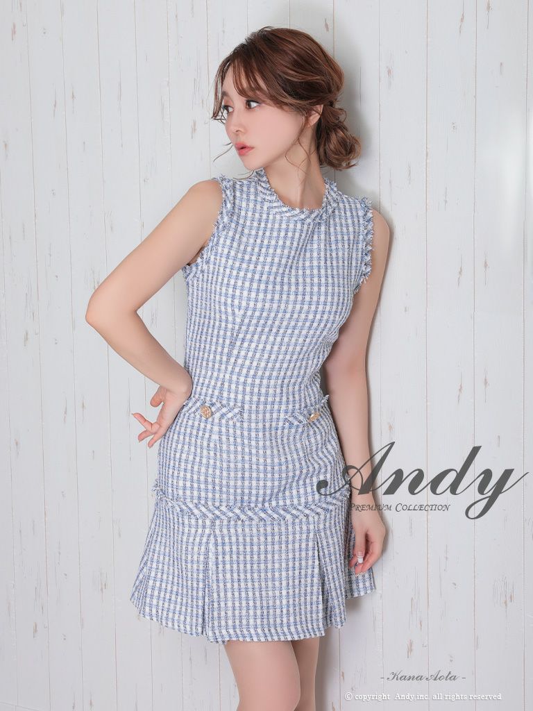 キャバドレス フレアミニドレス Andy アンディ チェック柄 ツイード ノースリーブ 飾りポケット 飾りボタン