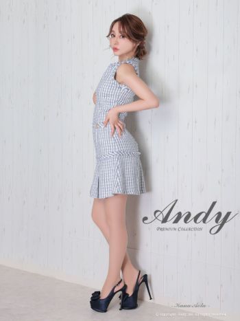 Andy [アンディ]チェックツイード ノースリーブ ボックスプリーツ Aライン フレア 高級ミニドレス[ブルー][青田夏奈/キャバドレス着用][2738]