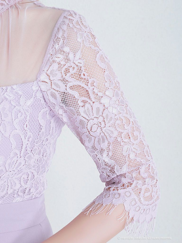 Andy [アンディ]ハイネック シアー切り替え レース 七分袖 マーメイド ロングテール 高級ミディドレス[ライラック][青田夏奈/キャバドレス着用][2734]