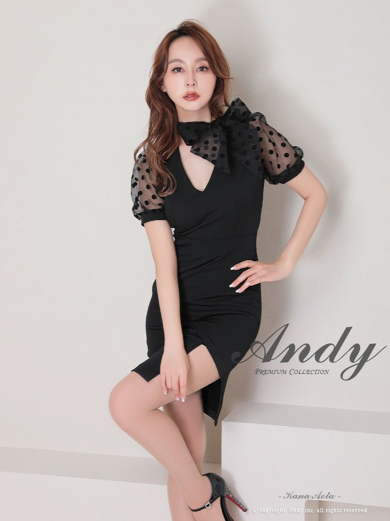 Andy [アンディ]パフスリーブ ドット柄 シアー スカーフ風 タイト アシメカット 高級ミニドレス[ブラックベージュ][青田夏奈/高級キャバドレス着用][2727]